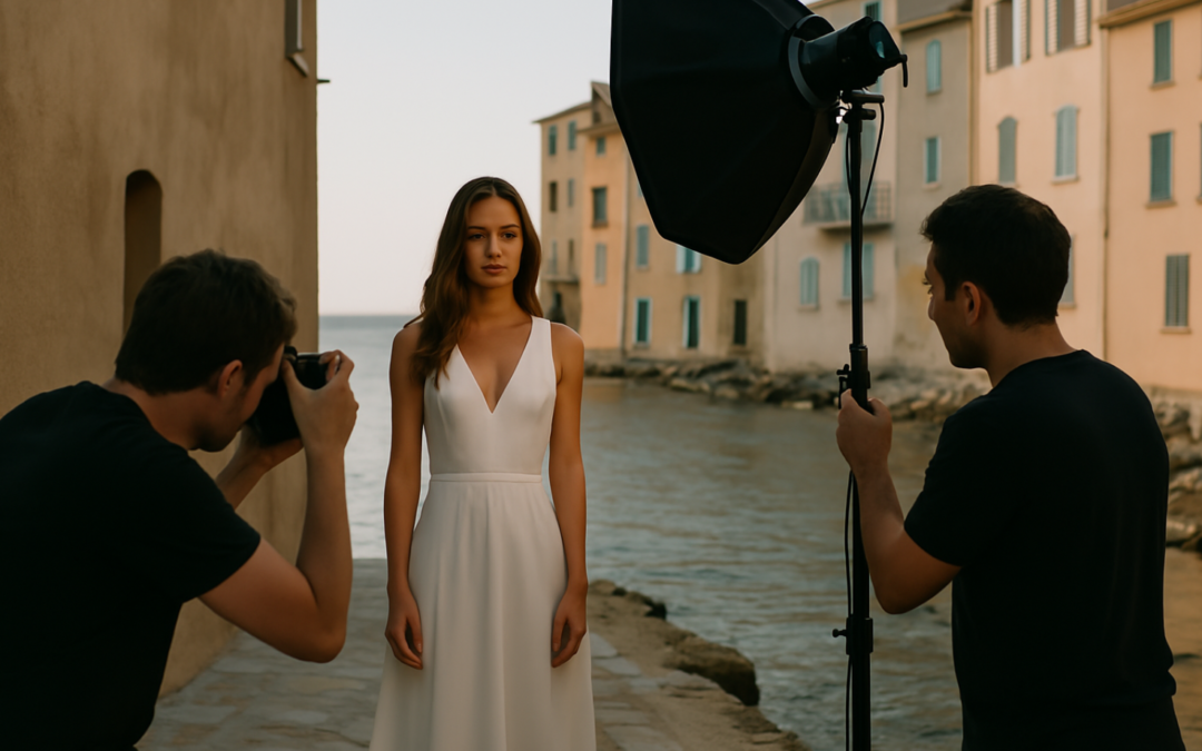 Séance photo avec un modèle en robe blanche, un photographe et un éclairage en bord de mer.